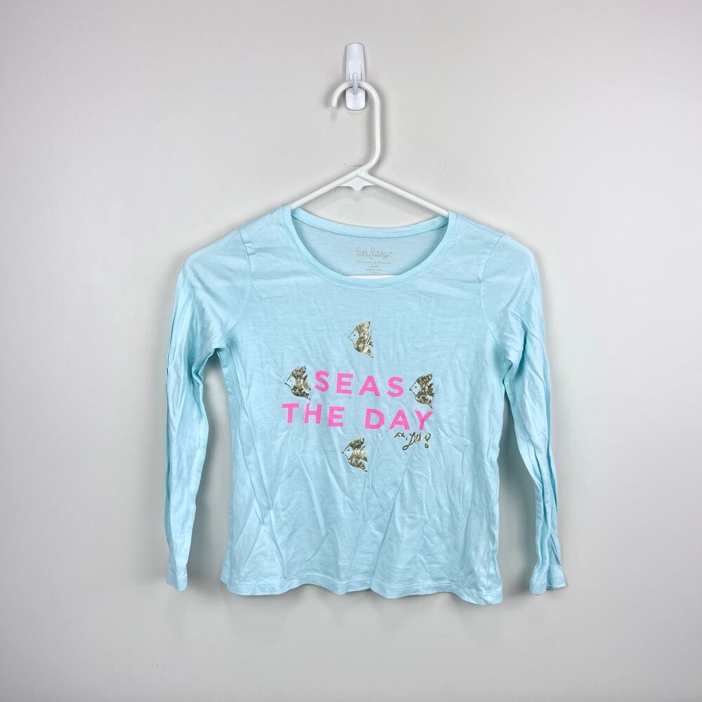 Lilly Pulitzer Kay Top Pink Sunset Seas the Day Graphic T-Shirt L 8-10